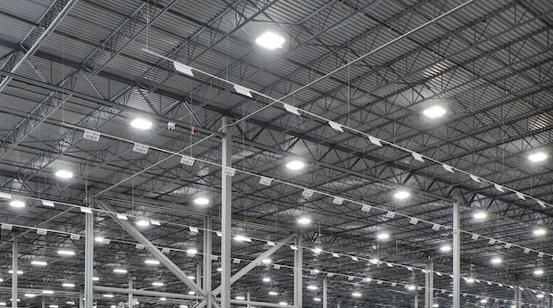 Ceiling of warehouse with many LED lighting fixtures